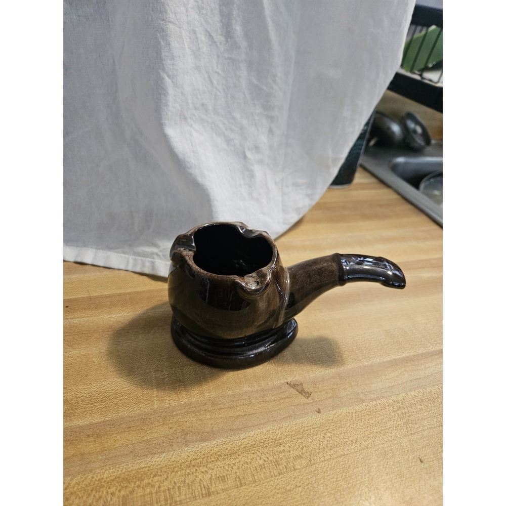 Vintage Pipe Shaped Brown Drip Ceramic Ashtray Retro Pottery Glaze Tobacciana